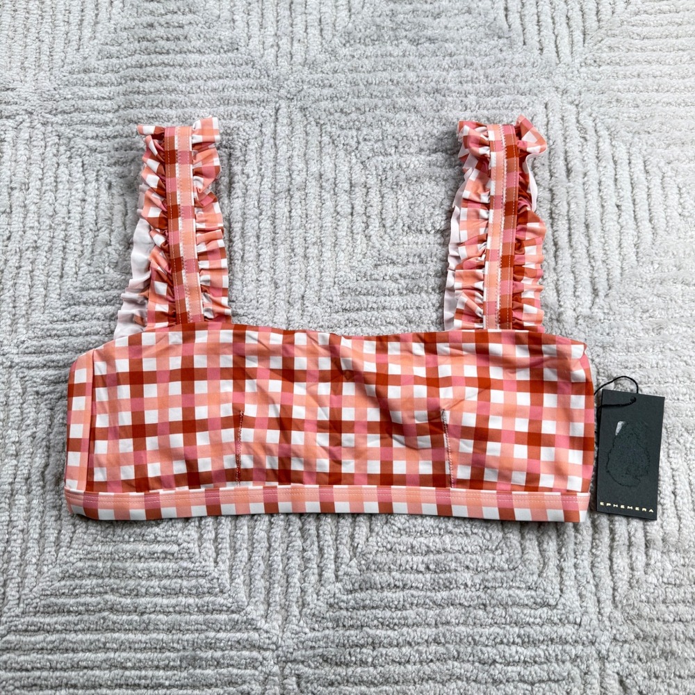 Ephemera Ruffle Bra Bikini Top Womens 10 Peach Gingham Beachwear Retro Coastal